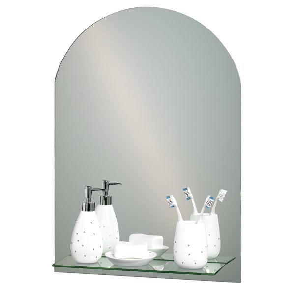 Frameless Arched “Greenwich” Bathroom Mirror with In-Built Vanity Shelf 70x50cm